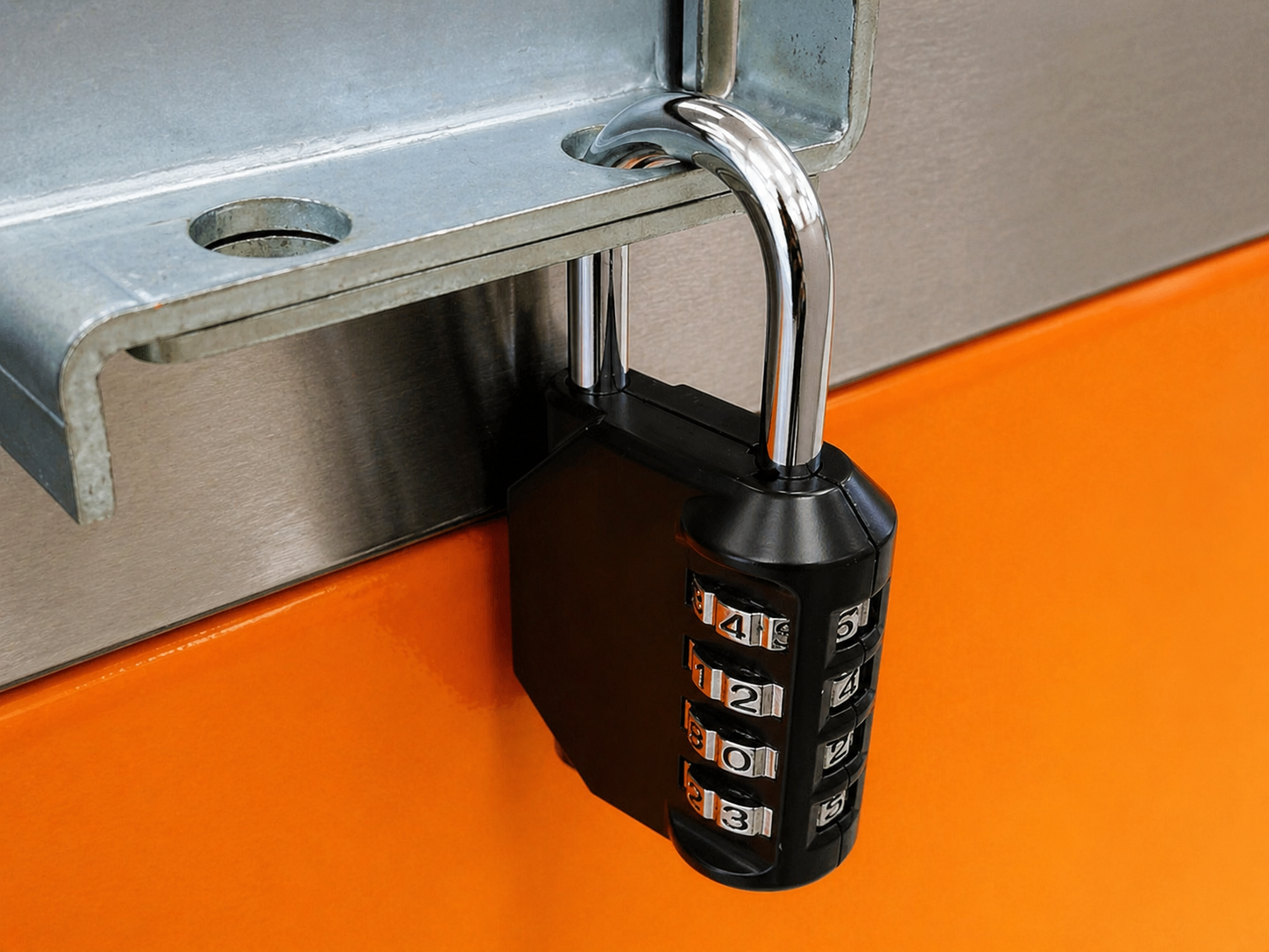 Closed padlock on a WARDA storage unit door